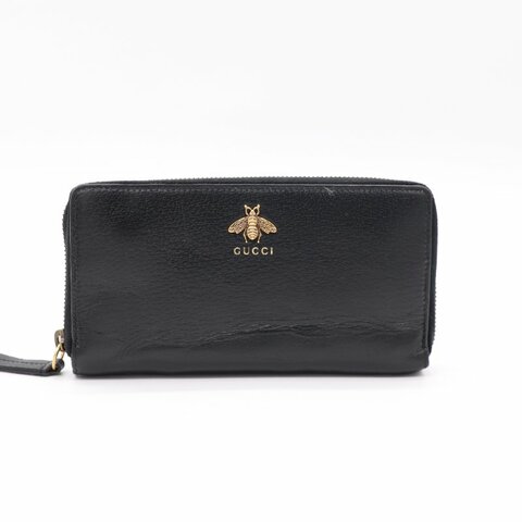 Gucci 古馳 Animalier 蜜蜂 黑色 皮革 拉鍊長夾