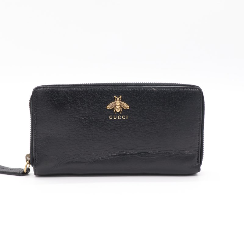 Gucci 古馳 Animalier 蜜蜂 黑色 皮革 拉鍊長夾-0