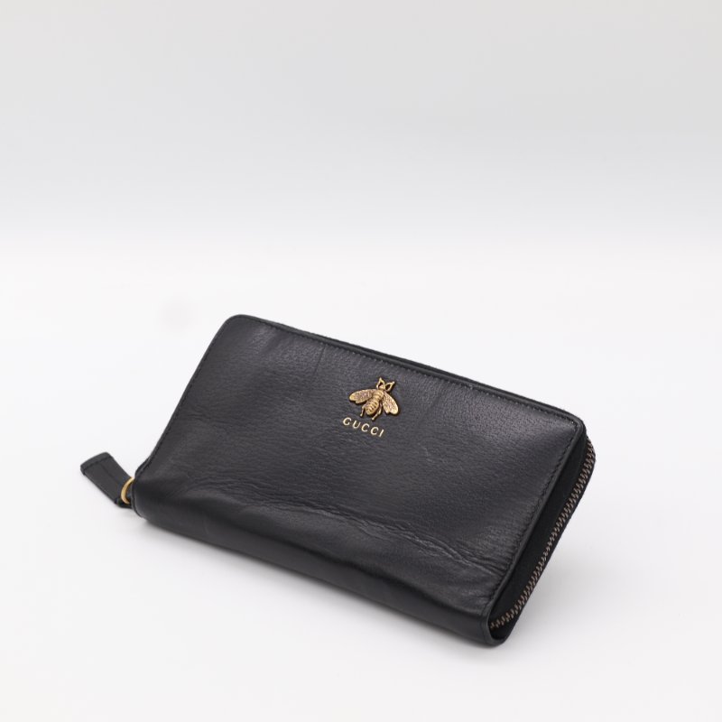 Gucci 古馳 Animalier 蜜蜂 黑色 皮革 拉鍊長夾-1