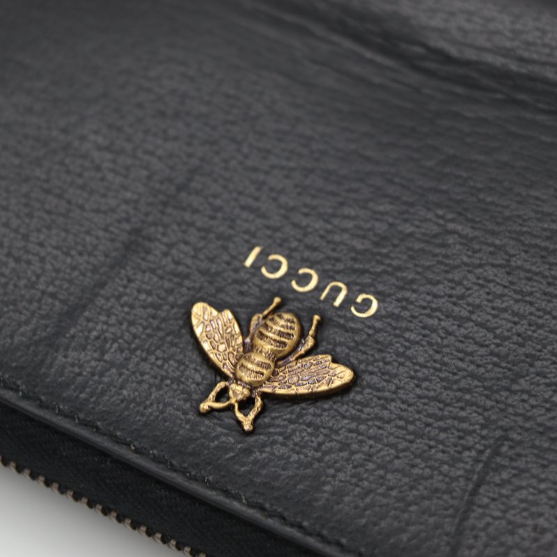 Gucci 古馳 Animalier 蜜蜂 黑色 皮革 拉鍊長夾-5