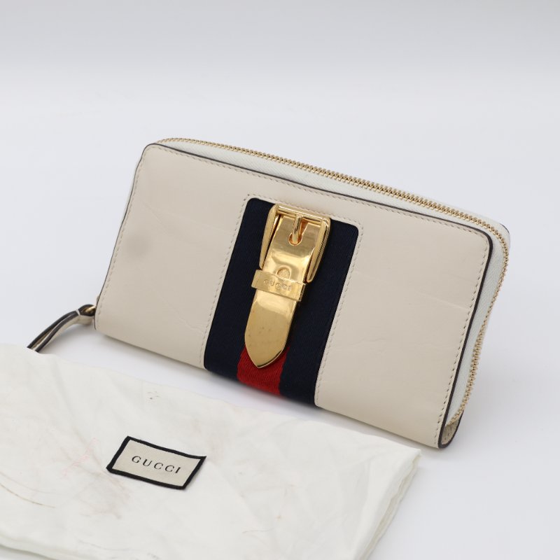 Gucci 古馳 Sylvie 白色 皮革 圓形拉鍊 長夾-0