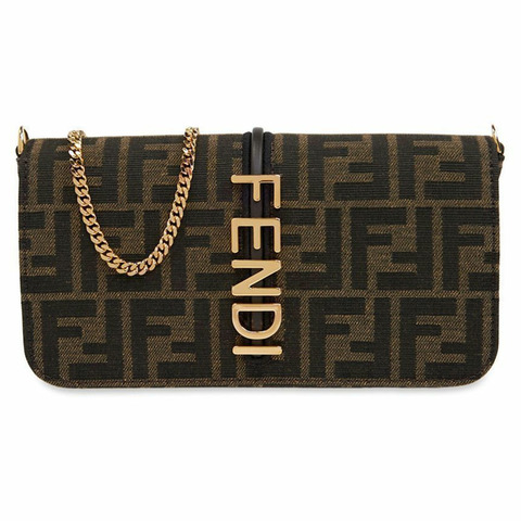 FENDI 25SS 塗鴉 FF 標誌皮夾鏈單肩斜背包 棕色 8BS076 AD23