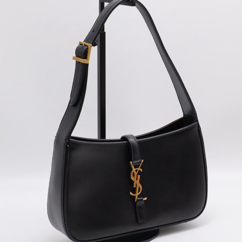 YSL Le 5 A 7滑面牛皮腋下Hobo - 黑金-0