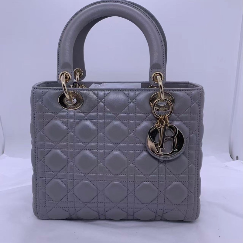 Dior迪奧戴妃包五格珠光灰色小羊皮 手提單肩包-0