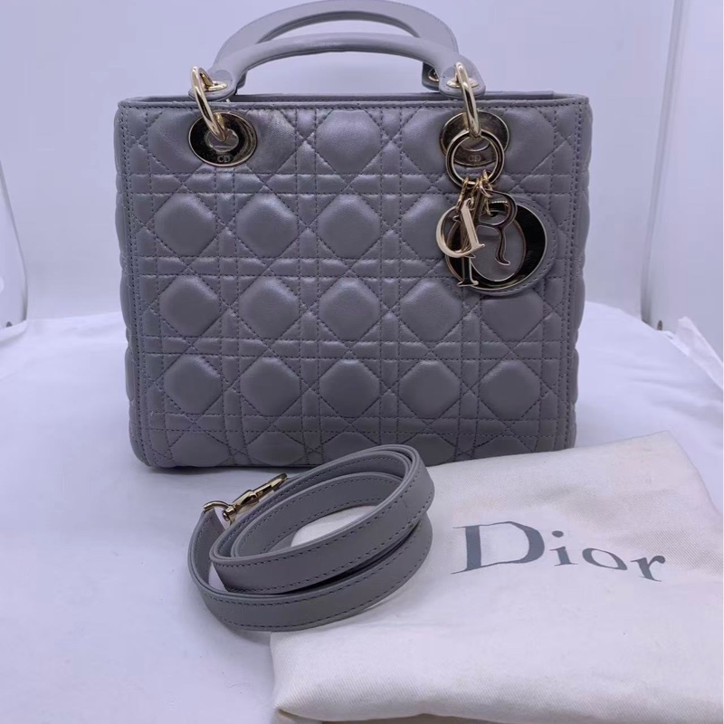 Dior迪奧戴妃包五格珠光灰色小羊皮 手提單肩包-2