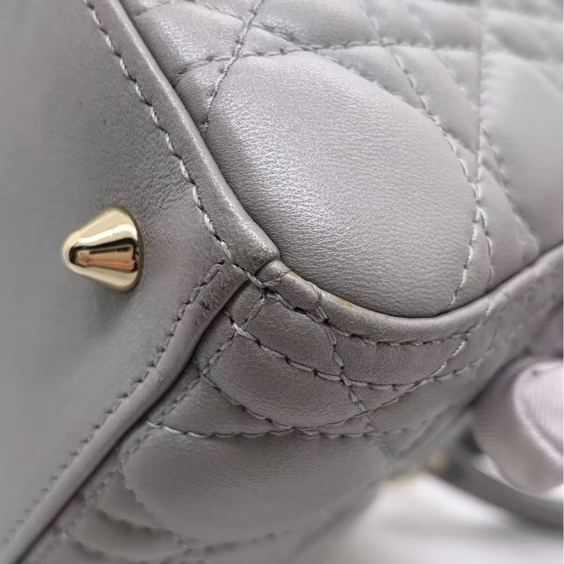 Dior迪奧戴妃包五格珠光灰色小羊皮 手提單肩包-9