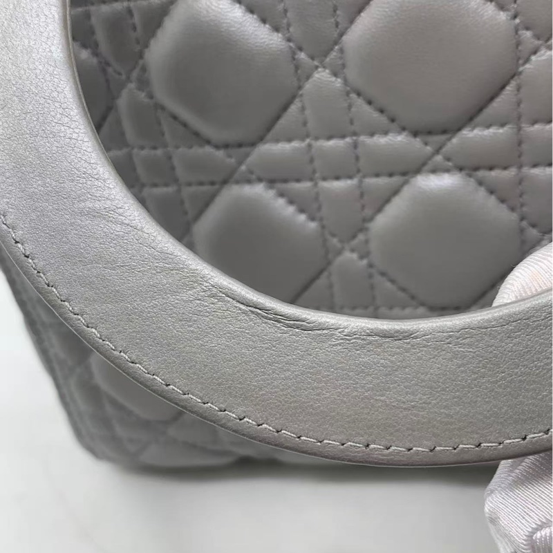 Dior迪奧戴妃包五格珠光灰色小羊皮 手提單肩包-12