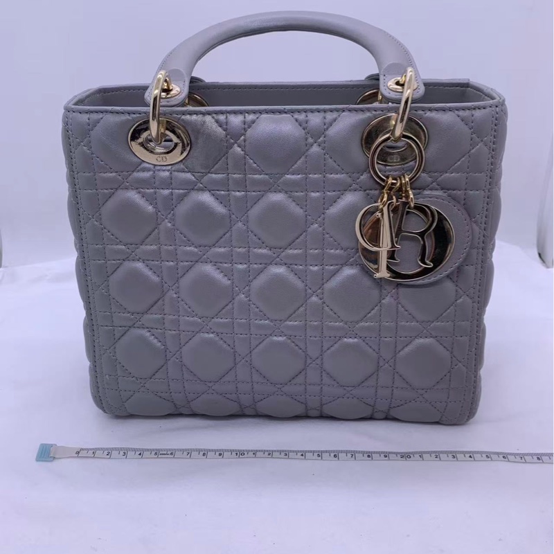 Dior迪奧戴妃包五格珠光灰色小羊皮 手提單肩包-24