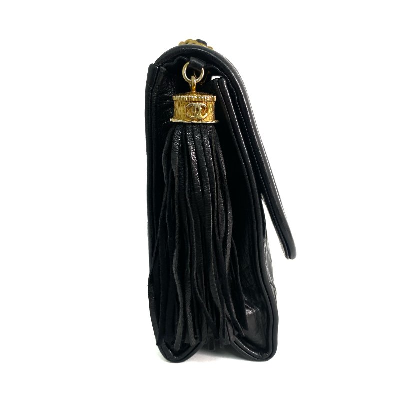 △ Chanel 香奈兒 Black Lambskin Gold Tone Metal Vintage Fringe Chain Shoulder Bag No.0 黑色小羊皮金色金屬鎖鏈肩背袋No.0 - 257023821-3