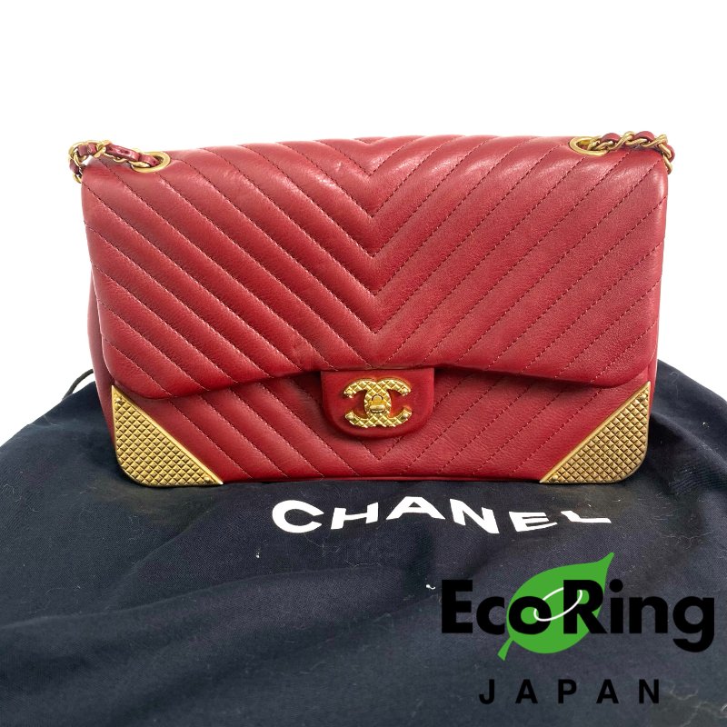 △ Chanel 香奈兒 Wine Red Lambskin Gold Tone Metal Rock The Corner Single Flap Shoulder Bag No.25 酒紅色小羊皮金色金屬鎖鏈肩背袋No.25 - 257023857-0