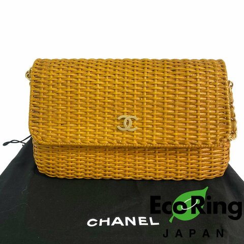 △ Chanel 香奈兒 Curry Yellow Raffia Gold Tone Metal Wicker Chain Shoulder Bag No.6 咖喱黃色拉菲草金色金屬鎖鏈肩背袋No.6 - 257022415