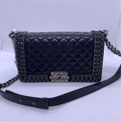 二手Chanel/香奈兒皮穿鏈條黑銀油蠟皮leboy中號