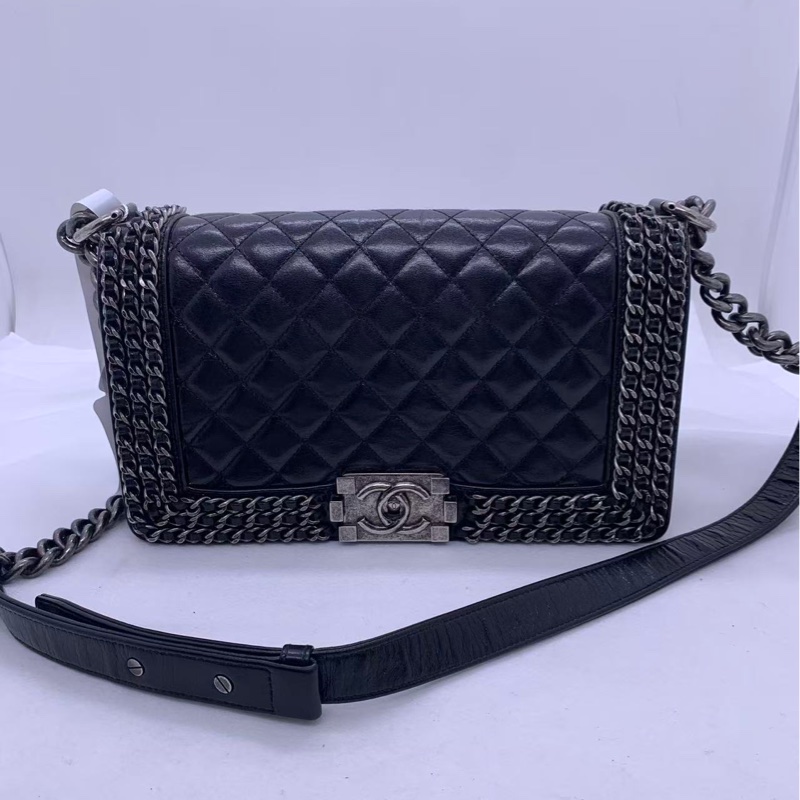 二手Chanel/香奈兒皮穿鏈條黑銀油蠟皮leboy中號-0