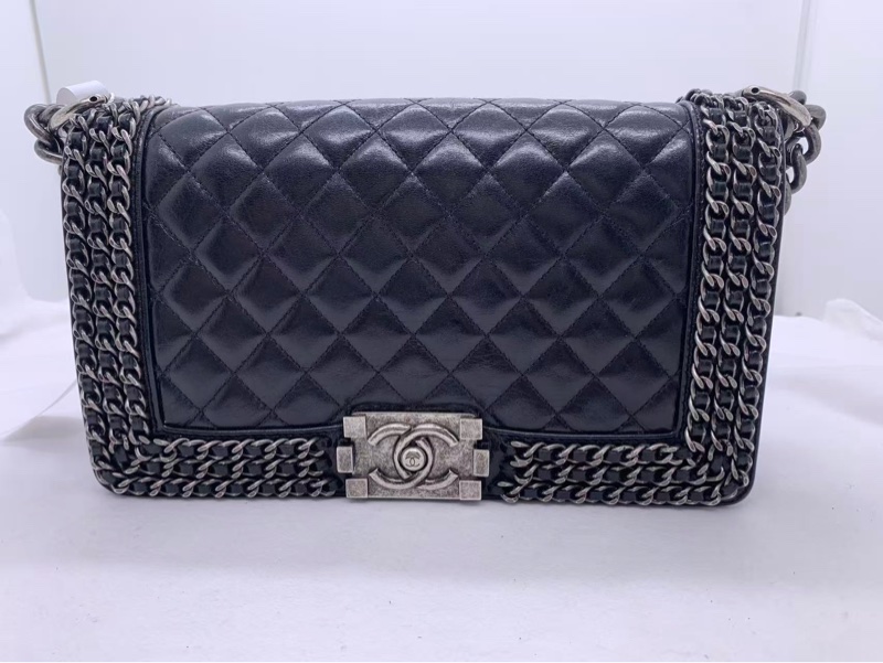 二手Chanel/香奈兒皮穿鏈條黑銀油蠟皮leboy中號-1