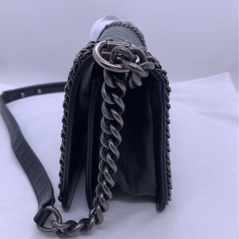 二手Chanel/香奈兒皮穿鏈條黑銀油蠟皮leboy中號-3