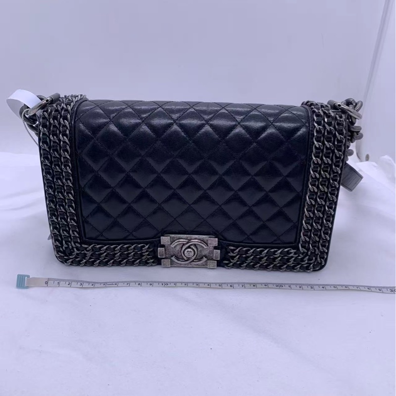 二手Chanel/香奈兒皮穿鏈條黑銀油蠟皮leboy中號-10