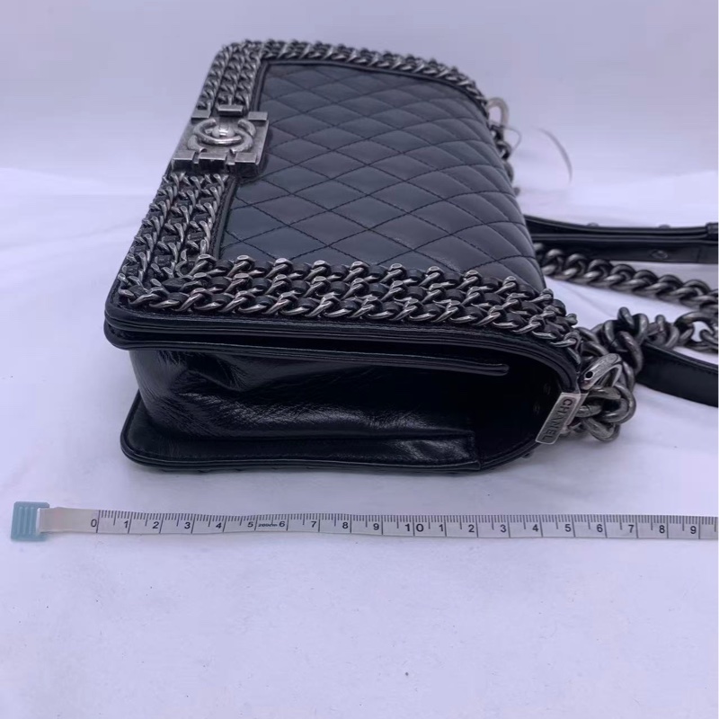 二手Chanel/香奈兒皮穿鏈條黑銀油蠟皮leboy中號-11