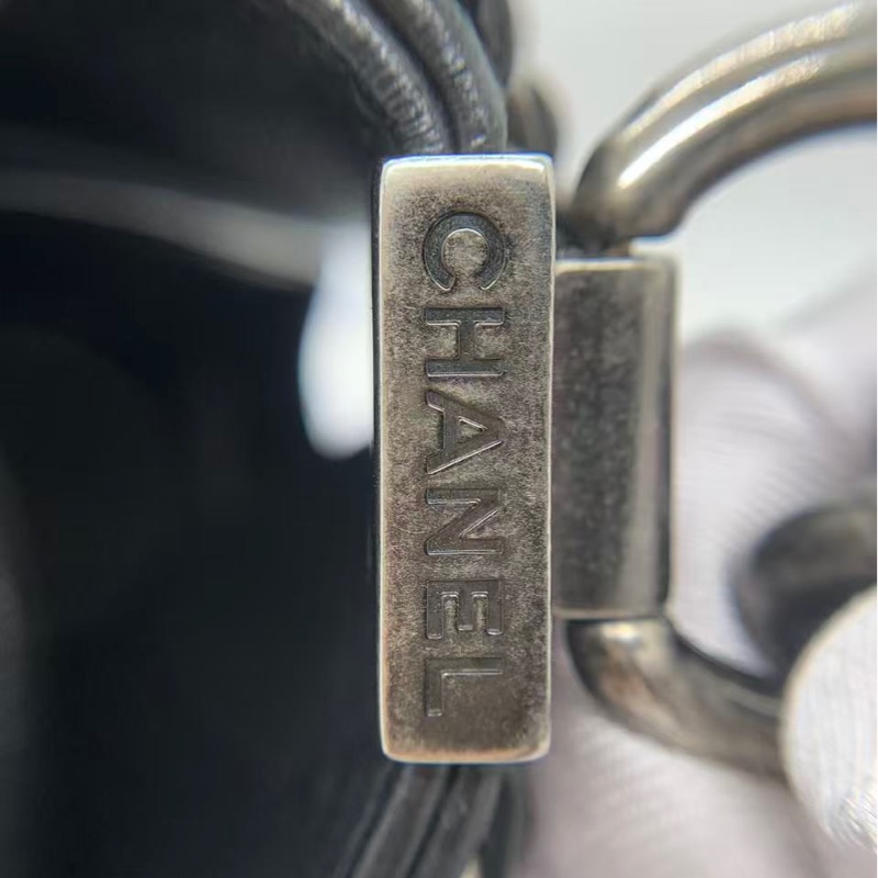 二手Chanel/香奈兒皮穿鏈條黑銀油蠟皮leboy中號-14