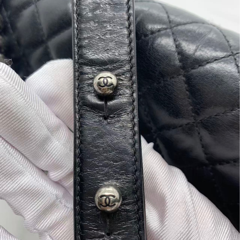 二手Chanel/香奈兒皮穿鏈條黑銀油蠟皮leboy中號-16