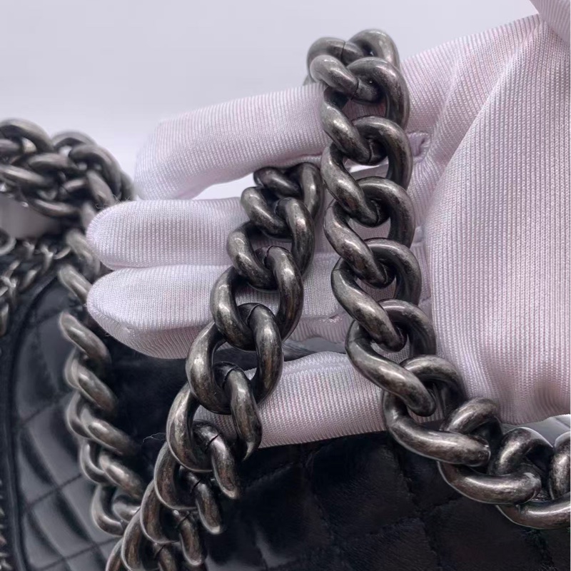 二手Chanel/香奈兒皮穿鏈條黑銀油蠟皮leboy中號-17