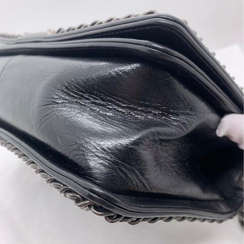 二手Chanel/香奈兒皮穿鏈條黑銀油蠟皮leboy中號-19