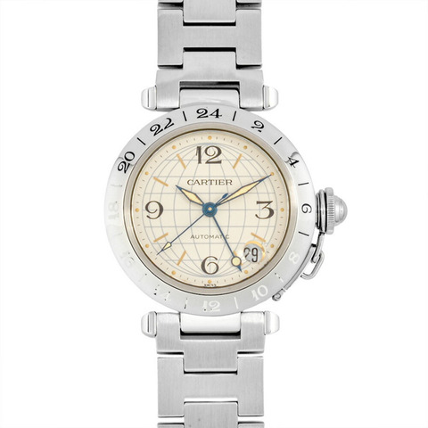卡地亞 Pasha C Meridian GMT 自動腕錶，銀色錶盤，不鏽鋼錶殼，男士，W31078M7，2377