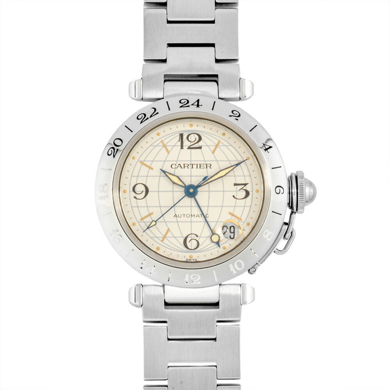 卡地亞 Pasha C Meridian GMT 自動腕錶，銀色錶盤，不鏽鋼錶殼，男士，W31078M7，2377-1