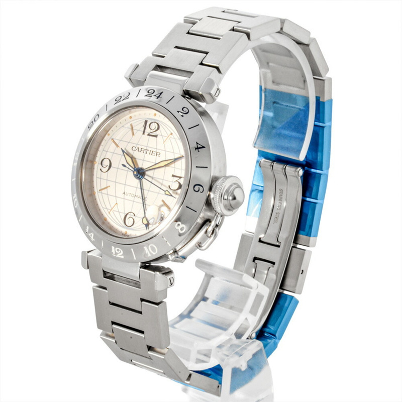 卡地亞 Pasha C Meridian GMT 自動腕錶，銀色錶盤，不鏽鋼錶殼，男士，W31078M7，2377-2