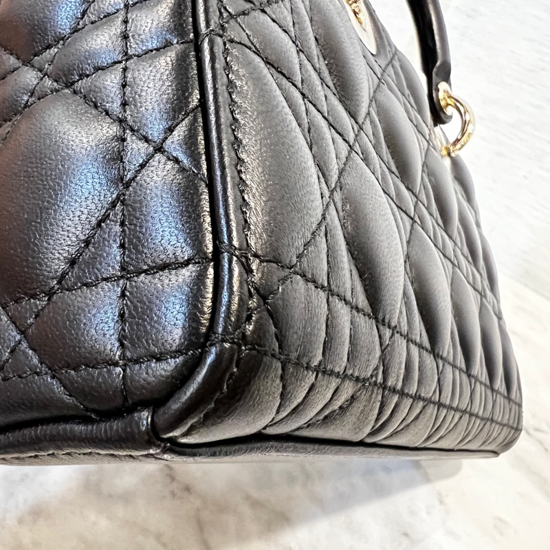 Dior 黑羊皮籐格紋淡金釦Lady Dior中型手提肩斜背包-5