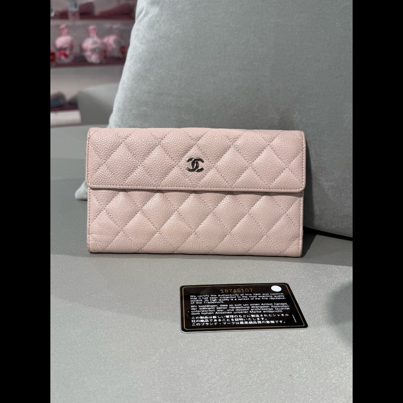 Chanel 櫻花粉色荔枝紋牛皮長款銀包 長夾-0