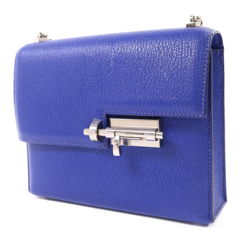 HERMES Chevre皮革Verrou Mini銀扣鏈帶肩背袋Bleu Electrique-2