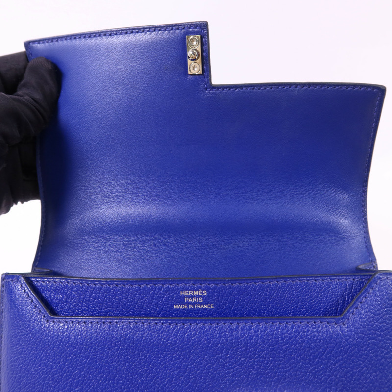 HERMES Chevre皮革Verrou Mini銀扣鏈帶肩背袋Bleu Electrique-10