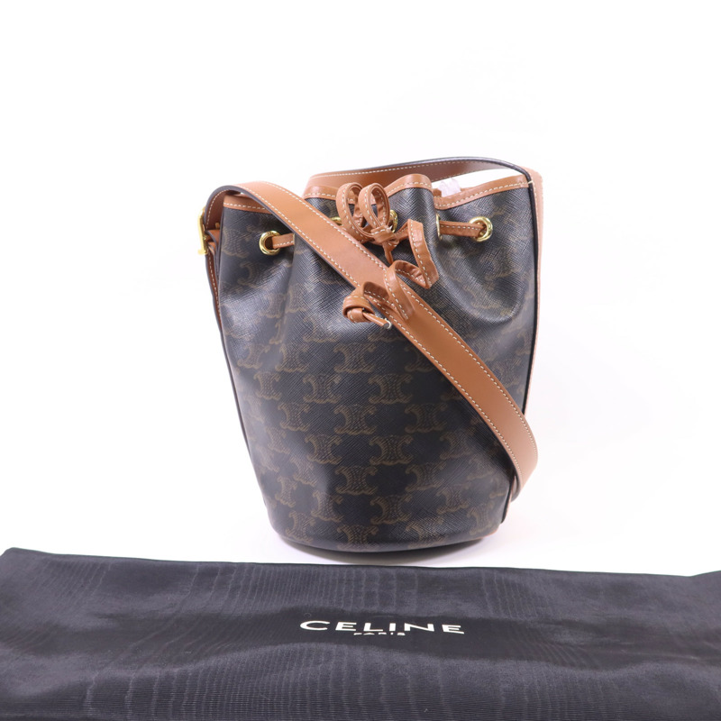 CELINE 塗層帆布Triomphe Drawstring Small Bucket金扣肩背袋-15