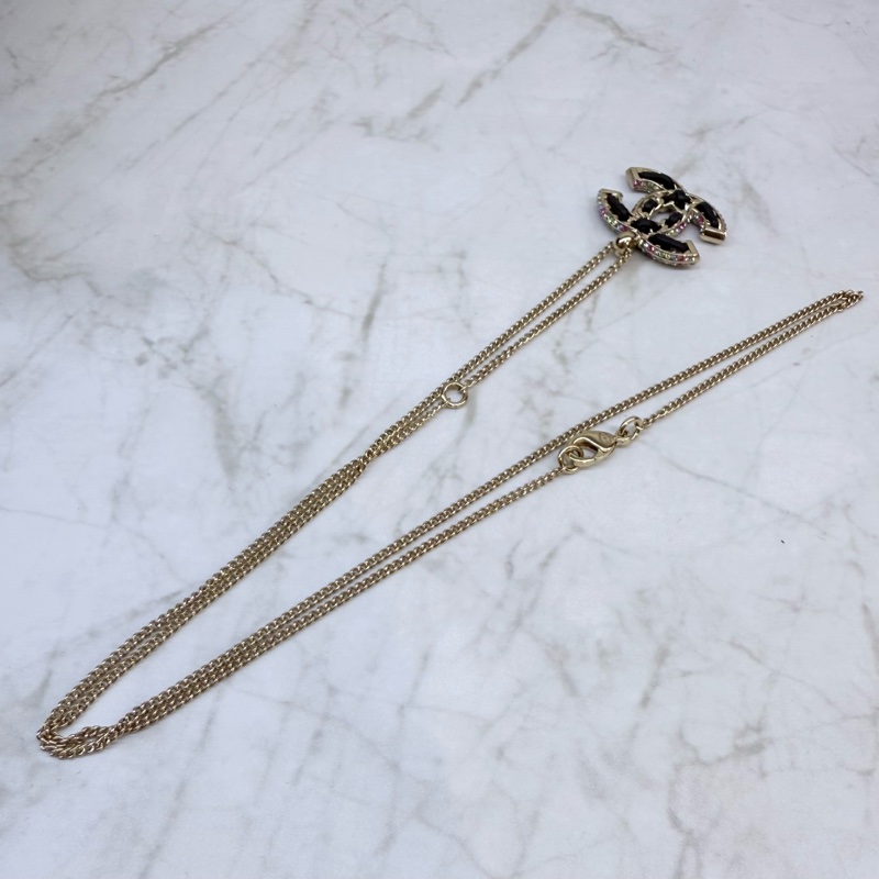 CHANEL淡金皮穿鍊帶鑽項鍊-3