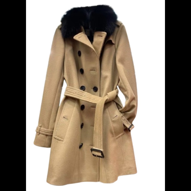 💯新 Burberry Sandringham 羊毛風衣款外套 配皮草領 UK10-0