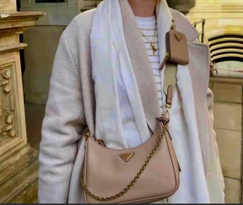 Prada hobo 三合一粉沙色皮革款 斜背包 提包 肩背包-0