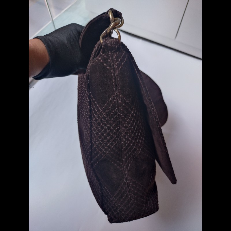 Chanel 金釦咖麂皮大菱格下蓋書包-7