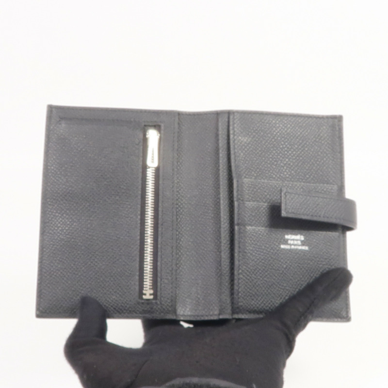 HERMES Epsom皮革New H Passant Compact Wallet銀扣錢包Noir-10