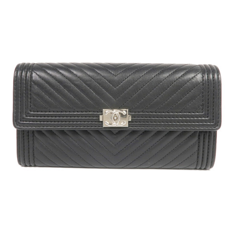 CHANEL 羊皮皮革Long Wallet銀扣長錢包