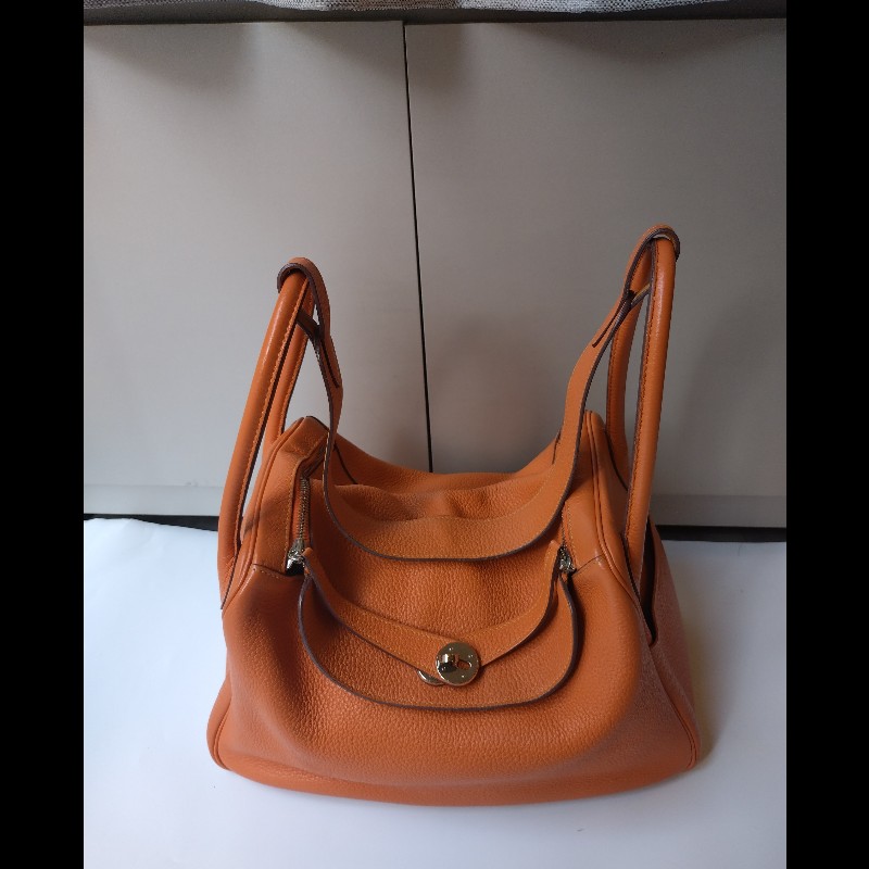 Hermes 銀釦橘拼色皮革Lindy 34-0