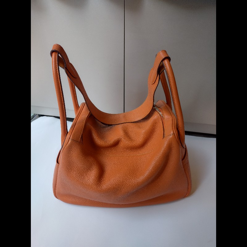 Hermes 銀釦橘拼色皮革Lindy 34-1