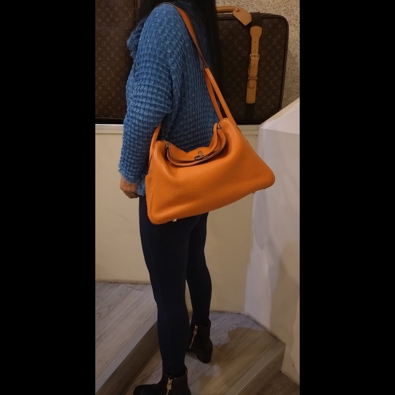 Hermes 銀釦橘拼色皮革Lindy 34-2