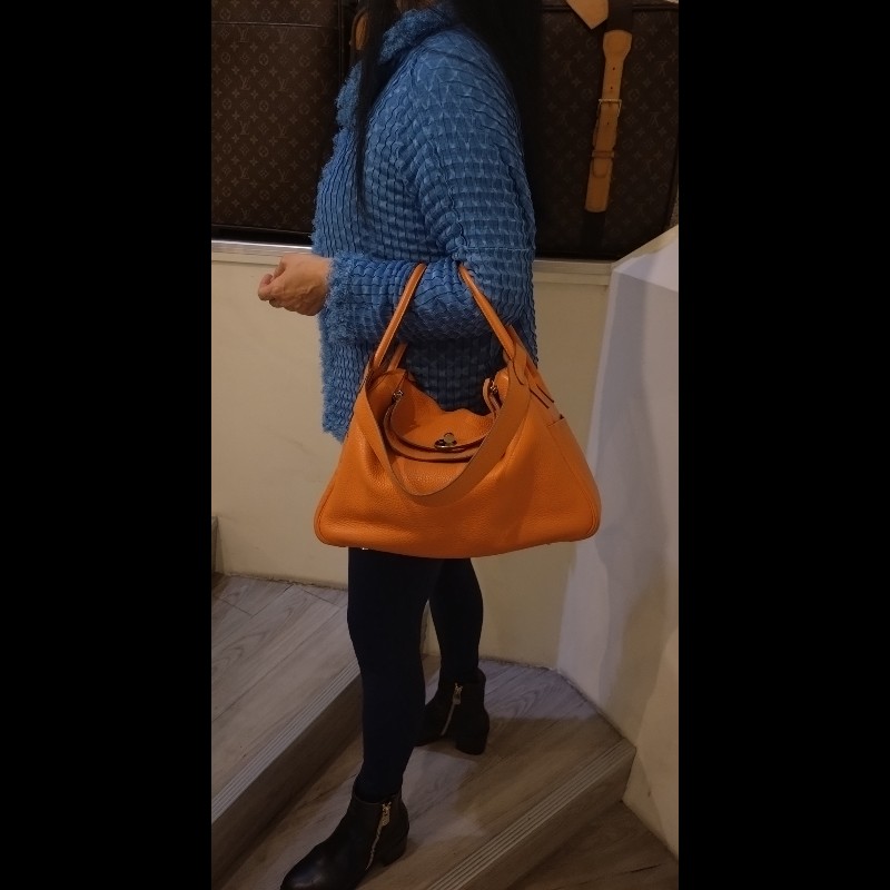 Hermes 銀釦橘拼色皮革Lindy 34-3
