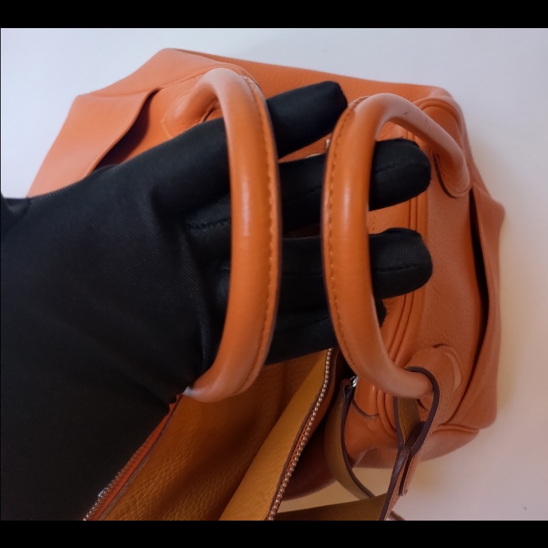 Hermes 銀釦橘拼色皮革Lindy 34-10