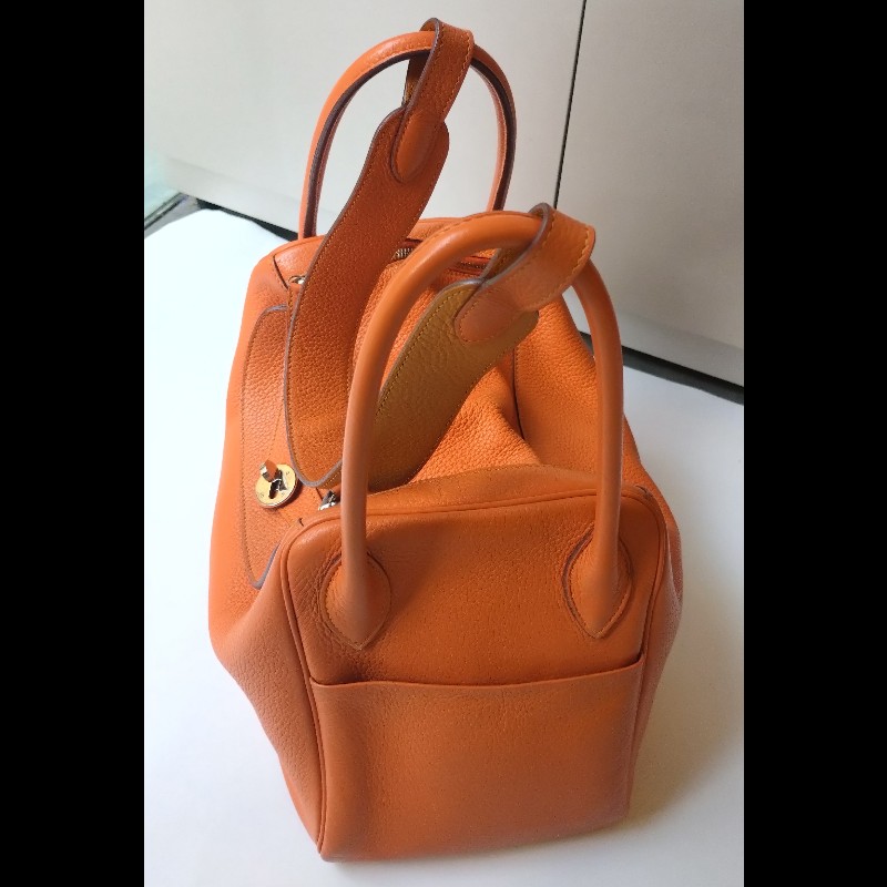 Hermes 銀釦橘拼色皮革Lindy 34-11