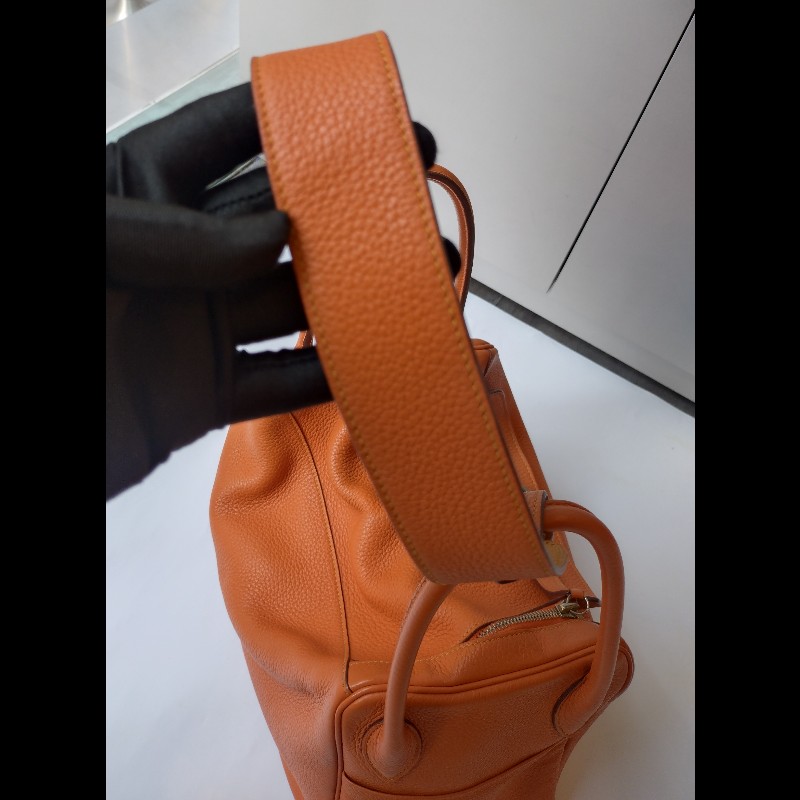 Hermes 銀釦橘拼色皮革Lindy 34-12
