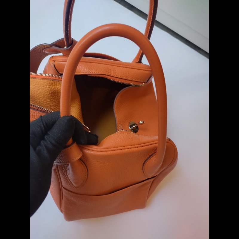 Hermes 銀釦橘拼色皮革Lindy 34-13