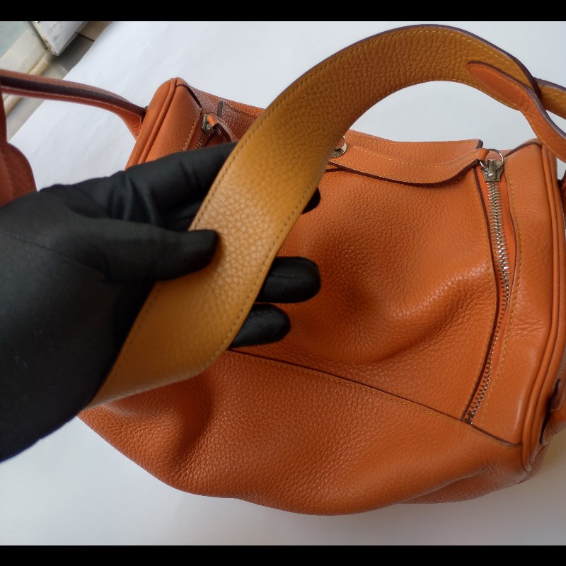 Hermes 銀釦橘拼色皮革Lindy 34-14