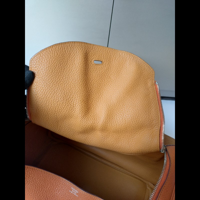 Hermes 銀釦橘拼色皮革Lindy 34-18