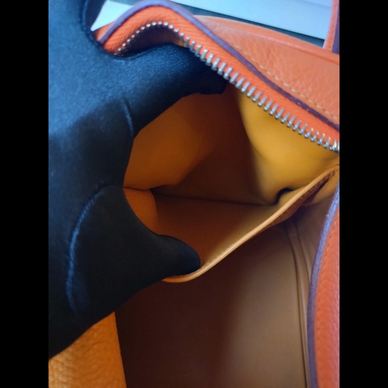 Hermes 銀釦橘拼色皮革Lindy 34-21